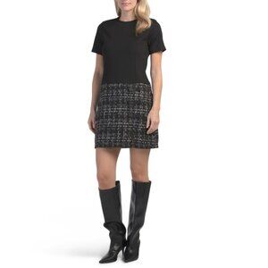 ELLEN TRACY Black Plaid Mix Media Mini Dress